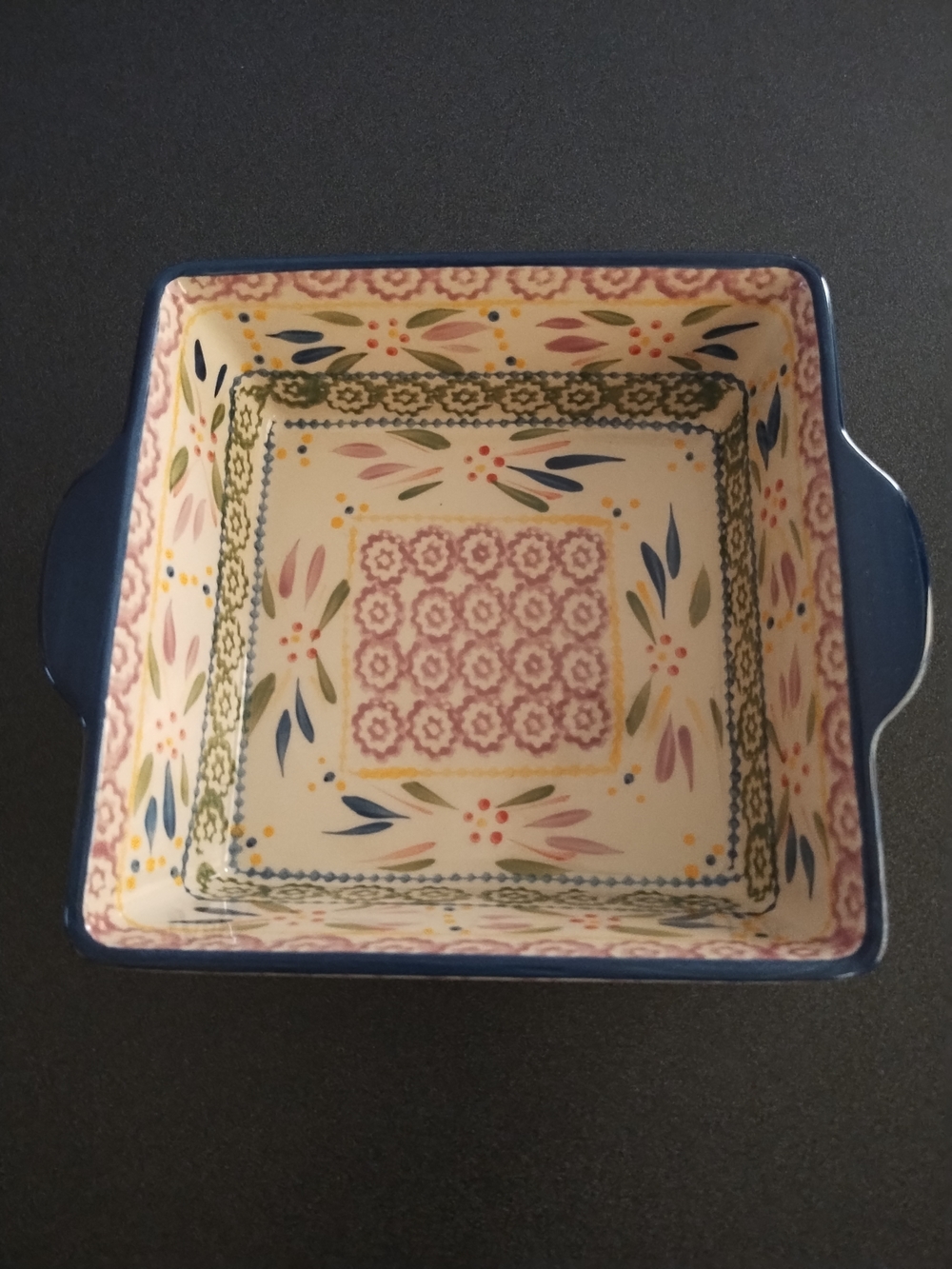 Temp-Tations Cream Square Ceramic Serving Dish with Red Patterned Handles